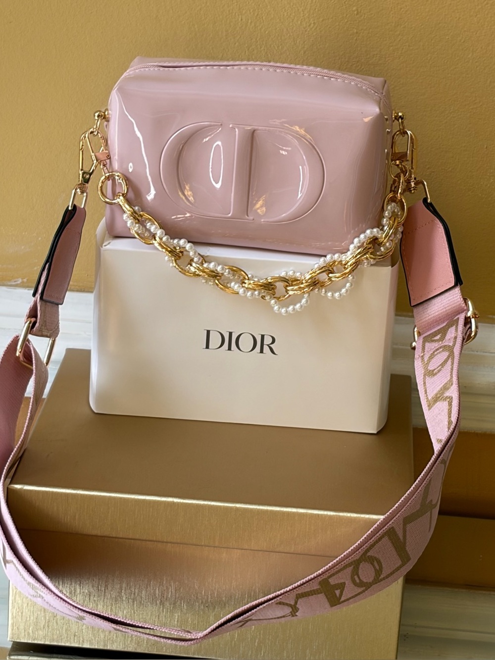Dior Blush Patent Leather Crossbody with Gold Chain & Pearl Detail